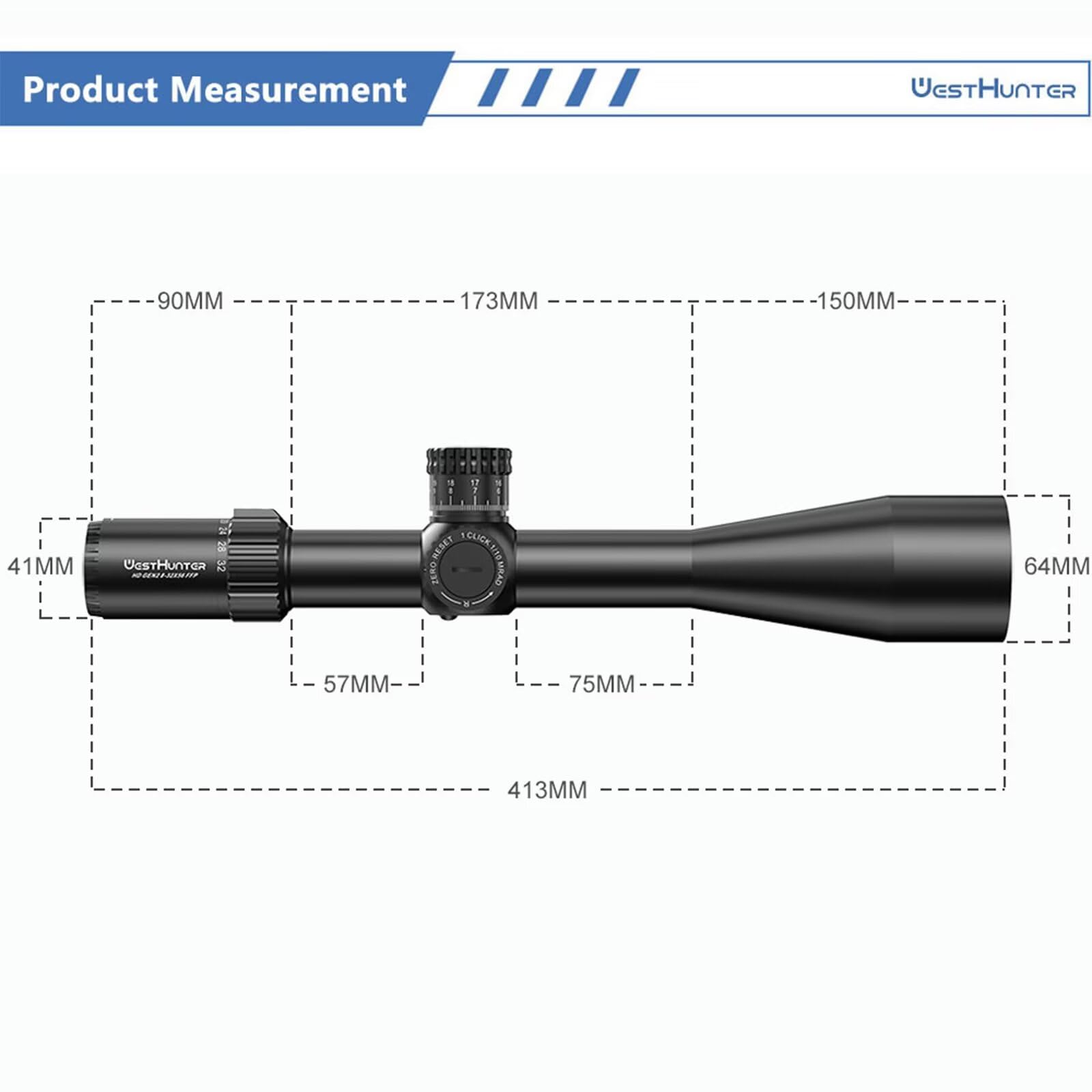 WestHunter Optics HD GEN2 8-32x56 FFP - Lunette de Visée de Précision et Compétition, Tube de 34 mm, Premier Plan Focal, Réticule en Verre Gravé, Lunette Tactique 1/10 MIL avec Zero Stop