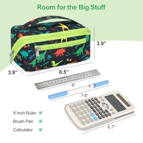 Image of Large Pencil Case for Boys, Durable Kids Pencil Pouch for School, Wide Opening Soft Bag with Handle, Fits 50 Pens & Markers (Black Dinosaur)