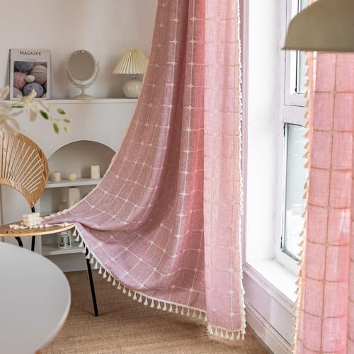 USTIDE Rideau semi-occultant en coton et lin à carreaux roses pour chambre de fille avec broderie et pompons, 140 x 180 cm, panneau passe-tringle 140 x 180...
