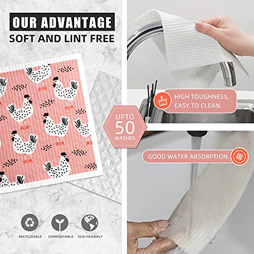Gong Gong 4+4 Pcs Swedish Dishcloths For Kitchen 100% Biodegradable Eco-Friendly Cleaning Cloth Reusable Paper Towel For Washing Dishes 6.7×7.87Inches (Chicken) #TOP4