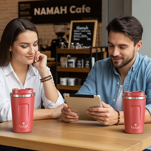Image of Namah Insulated Coffee Travel Mug 380 ml with Lid, Leak Proof Stainless Steel Thermosteel Vacuum Insulated Mug, Hot & Cold Reusable Coffee Mug for Office, Car Cup Holder Friendly