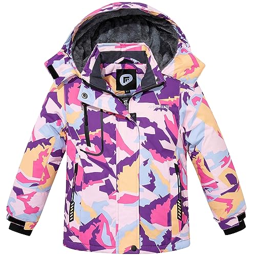 Farvalue Girls Waterproof Ski Jacket Windproof Winter Coat Warm Snow Coat Outdoor Raincoats With Removable Hood Purple Camo 10-12 cover