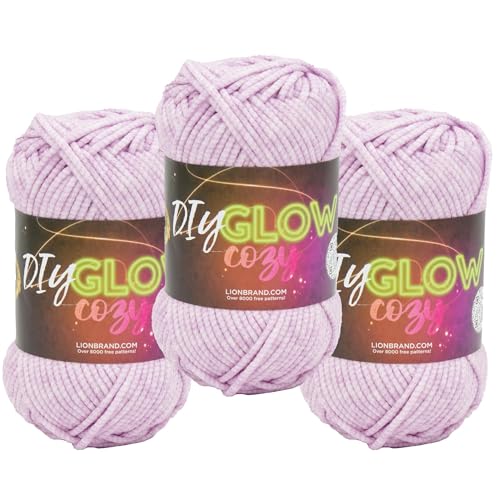 Lion Brand Yarn, DIY Glow Cozy Glow in the Dark Yarn, Lilac, Purple, 3 Pack