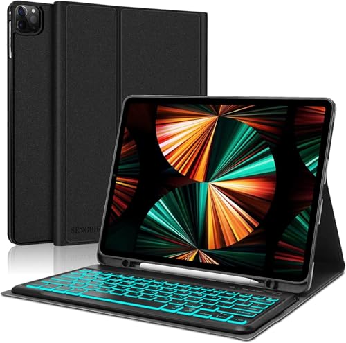 [新開発]iPad Pro 12.9 インチ キーボード US英語配列 軽量 iPad Air 13 インチ（M3 2025/M2 2024）7色バックライト Bluetoothキーボードカバー 脱着式 ペン収納 全面保護 耐衝撃 多角度調整 Type-C充電式 オートスリープ機能 耐久性 日本語説明書 ブラック