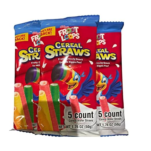 MIZO 2021 Kellogg's Cereal Straws Froot Loops Edible Breakfast Straw Alternatives for Milk, 90's Childhood Nostalgic Treat for Drinking and Eating, Cereals for Kids, Pack of 3, 5 Count, Multicolor