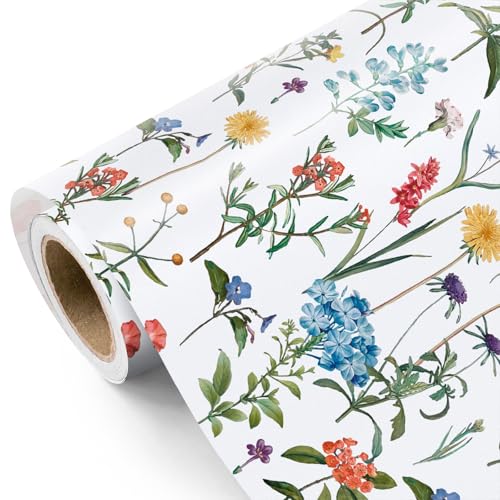 WRAPAHOLIC Floral Wrapping Paper Roll - Mini Roll - 17 Inch x 9.8 Feet - Wildflower Wrapping Paper Perfect for Girls Women Birthday Wedding Bridal Shower