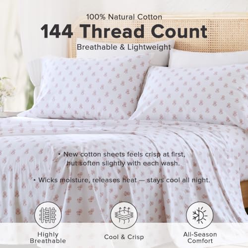 Image of Comfort Spaces 100% Cotton Percale Sheets King Sheet Set 4 Pcs, Floral Pink