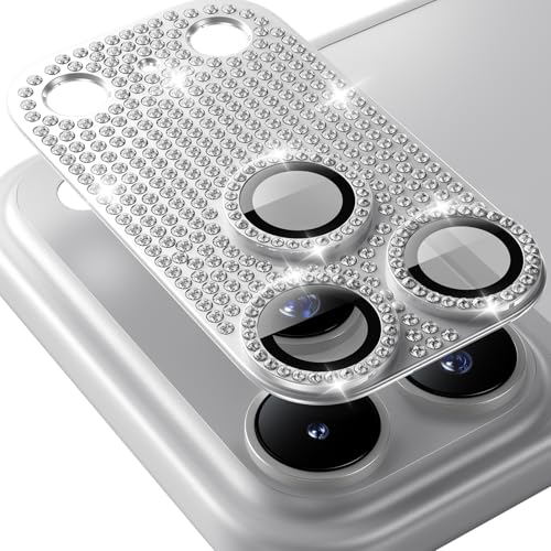 Image of Hoerrye Bling Diamond Camera Lens Protector for iPhone 17 Pro Max - [1:1 Full Coverage][Strong Adsorption] 9H+ Tempered Glass Screen Protective Cover Case Friendly,Glitter Silver
