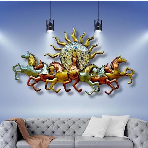 Image of pranjals house Metal Handpainted Rustic Iron Wall Hanging of 7 Horse LED Lights Art Sculpture for Home Office Wall Decor /Wall Hanging (46 x 27 Inches)