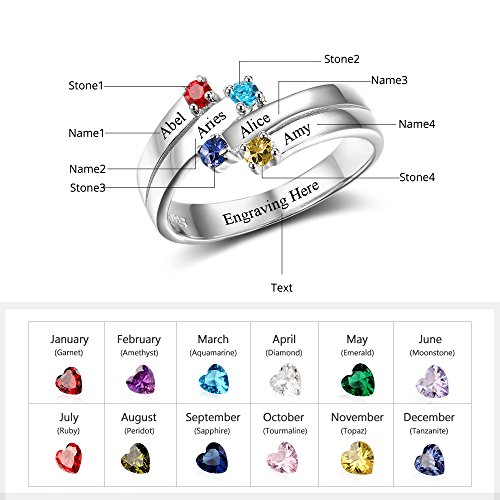 Love Jewelry Personalized Sterling Silver Mothers Rings with 4 Simulated Birthstones Custom 4 Names Family Promise Rings for Women2