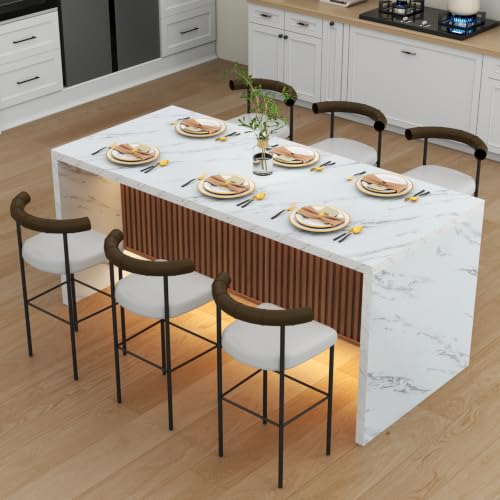 71" Large Imitation Marble Dining Table for 6-8 People, Island Table with LED Lights, Mordern Marble Stripes Kitchen Dining Table with Grille design for Dining Room, Home, Office, Living Room(white)