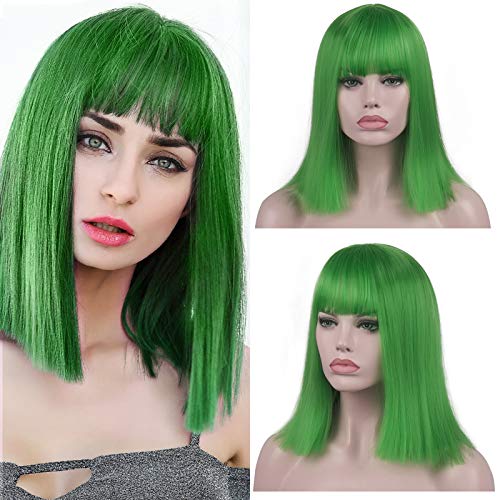 Sidaila Short Wig Green Bob Wigs for Women Middle Part Straight Wig Heat Resistant Synthetic Wigs Middle Part Cosplay Costume Wig with Free Wig Cap (Green)