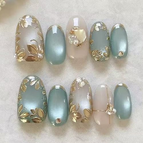30Pcs Cat Eye Press on Nails Short Almond Fake Nails 3D Gold Flowers False Nails Press ons French Tip Acrylic Nails Blue Artificial Glue on Nail for Women Manicure Nails Decoration
