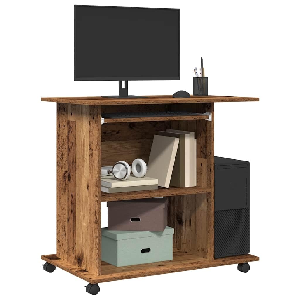 Générique Scrivania per computer vecchio legno con ruote, tavolo compatto per computer portatile e ufficio, legno di ingegneria resistente all'umidità, spazio di archiviazione con tastiera