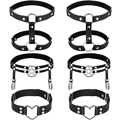 6 Pieces Adjustable Harness Garter Belts with Anti-Slip Clips, Elastic Punk Gothic Thigh Ring Garter Star Shaped Leg Garter Heart-Shaped Leg Ring 2 Rows Thigh Belt Suspender for Women Girls Black