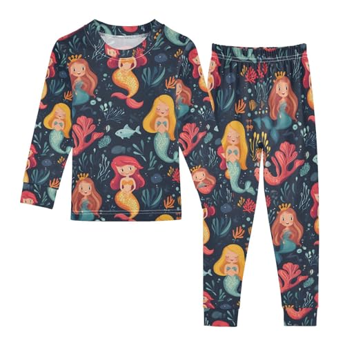 ALAZA Coral Reef Fish Mermaid Pajamas Long Sleeve Sleepwear 2-Piece Pajama Set
