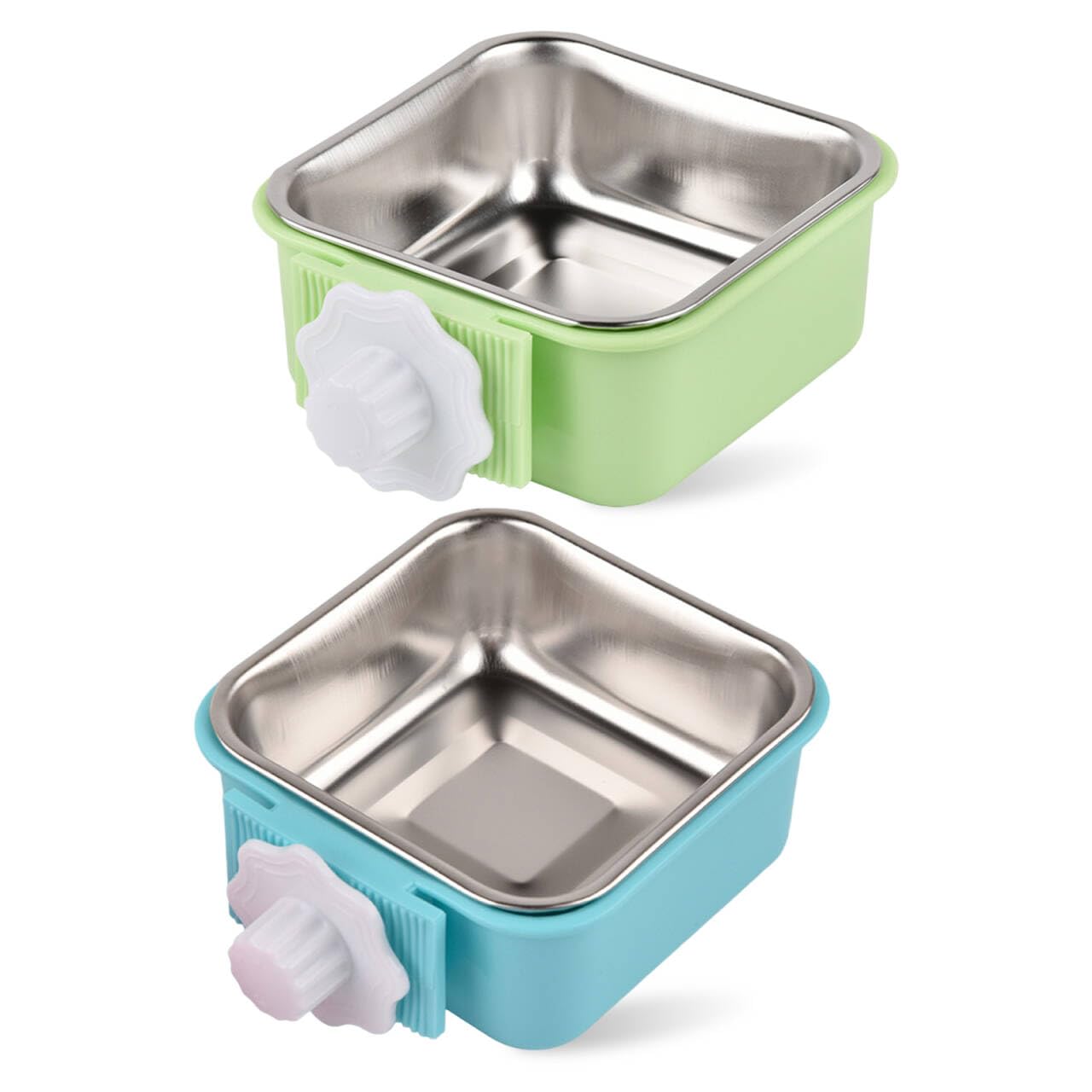 2PCS Dog Crate Water Bowl Clip On, 2-in-1 Crate Bowl Stainless Steel Dog Cage Hanging Bowls Removable Pet Bowls for Dogs Cats Small Animals (Blue and Green)