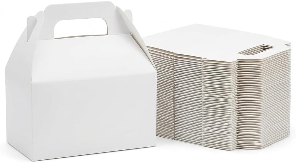 WOVOW White Gable Favor Boxes with Handles, 6.2 x 3.5 x 3.5 Inch, for Kids Birthday Party, Treats, Candies, and Small Gifts, 30 Pack