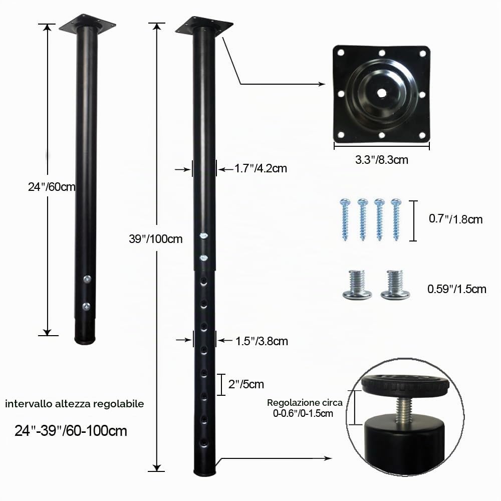 QLLY Gamba da tavolo regolabile in metallo, 60-100 cm, gamba per l'home office, set di gambe per mobili (1, nero)