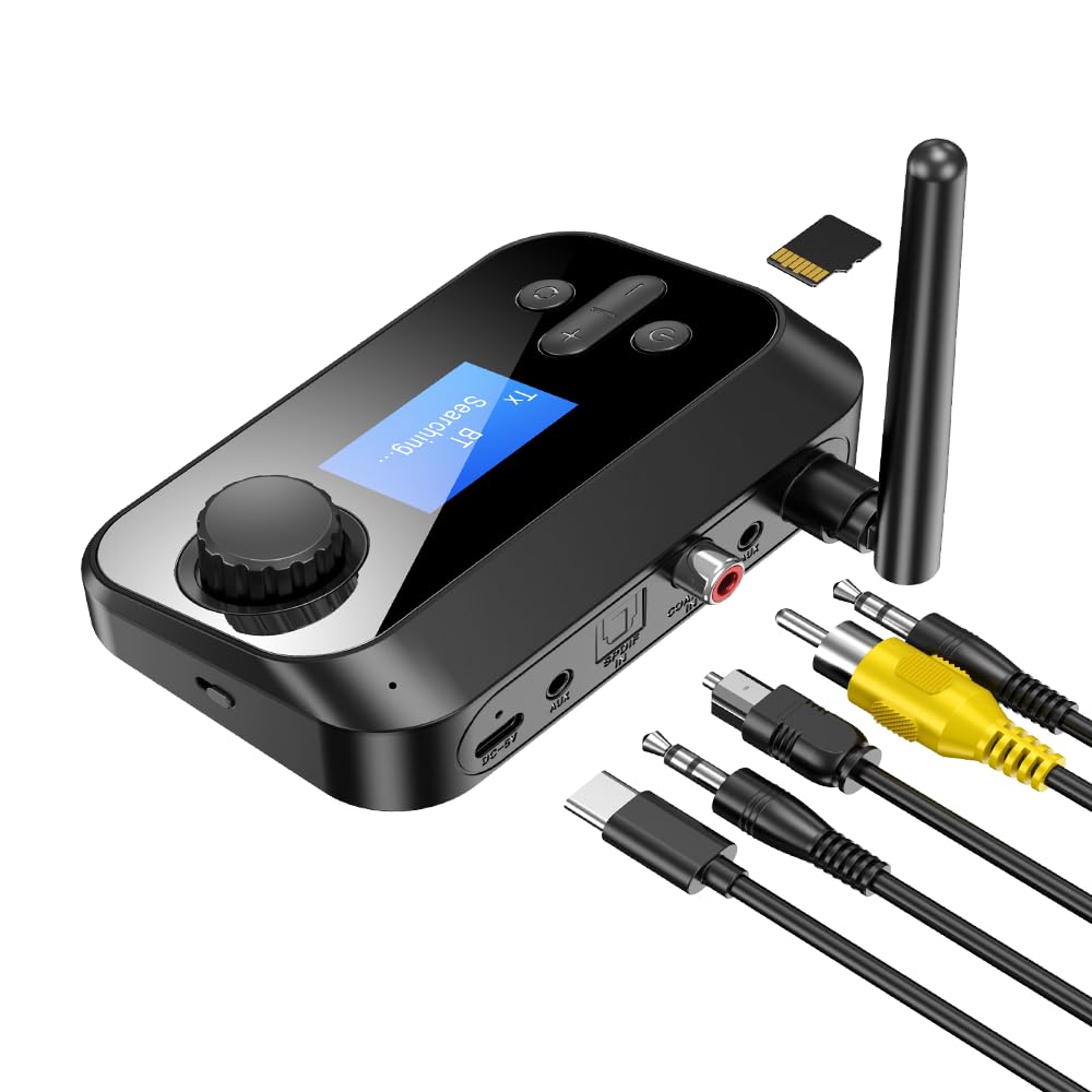 eppfun Bluetooth Transmitter for TV, Audio Adapter Receiver for Home Stereo with Volume Control ON/Off Switch LCD Display 3.5mm Aux/Optical/Coaxial/TFCard