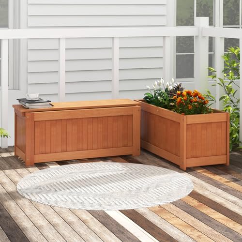 Giantex-2-in-1-Outdoor-Bench-Wood-Raised-Garden-Bed-with-Open-Base-Teak-Oil-Finish-Rectangular-Deep-Planter-Boxes-for-Flowers-Fruit-Vegetable-Bench-Seat-for-Porch-Yard-Balcony-Lawn Giantex 2 in 1 Outdoor Bench Wood Raised Garden Bed with Open Base Teak Oil Finish Rectangular Deep Planter Boxes for Flowers Fruit Vegetable Bench Seat for Porch Yard Balcony Lawn