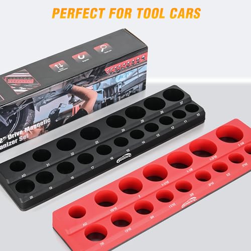 Image of GOOACC 1 /2 inch Magnetic Socket Organizer Set, 2 Pieces Metric & SAE Socket Drive Holders, 1 /2 inch Drive Socket Organizer Trays Holds 35 Standard Sockets for Tool Box