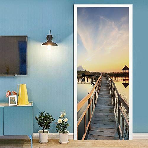 Türtapete selbstklebend Türposter Dämmerungslandschaft Der Holzbrücke Auf Dem Meer Abnehmbar Fototapete Türfolie Poster Tapete 90x200cm Cover