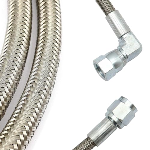 Image of SecosAutoparts 4AN turbo oil feed line adapter 60 inch Turbo Feed Line Length Stainless Steel Braided 4AN Pressure Stainless Remote Turbocharger Oil Drain Return Line AN4 90 Degree End Straight Hose