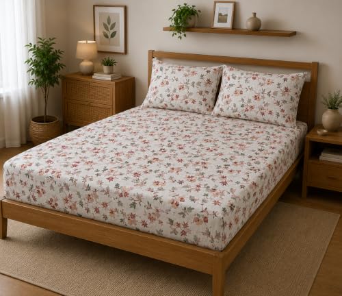Image of Fitted Bedsheet White Soft Floral Print Glace Cotton 210 TC | Single Size for Single Bed Fits 3 x 6.25 ft Mattress (36 x 75 Inch) | All Around Elastic | 2 Pillow Cover | 7 Inch Deep Pocket