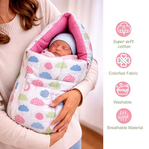 Image of Fareto Combo of Baby Bed with Net | Carry Bag | 4 Pcs Bedding Set (0-6 Months, Baby Size, Cotton) (Peach Sprial)