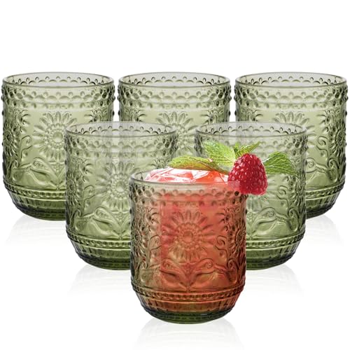 Ulable Drinking Glasses Set of 6-360ml/12oz Vintage Tumbler Glasses - Decorative Floral Embossed Water Glasses - Heavy Duty Glassware Beverages Tumblers for Whisky, Beer, Juice, Wine, Green