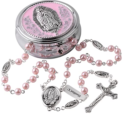 HanlinCC Guadalupe Catholic Rosary Glass Pearl Beads Necklace with Gift Box