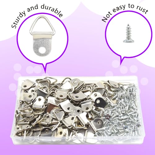 Image of 100Pcs Picture Hanging Kit Small D Ring Picture Hangers Triangle Ring Picture Hangers Hook with Screws Metal Canvas Hanger for Photos Frame Paintings Artwork (Silver /XS)
