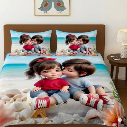 Image of 7D Digital Print King Size Bedsheet (90x100 Inches) | Extra Soft & Heavy Fabric | Rich Colors | 2 Jumbo Pillow Covers 17x27 inches Included (Kids Kiss)