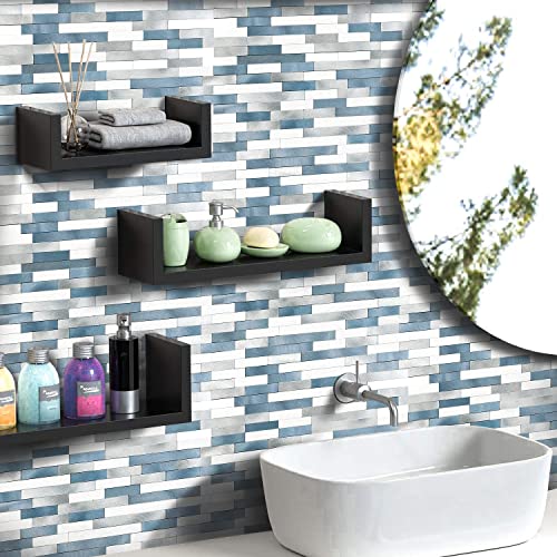 Peel And Stick Stone Backsplash For Kitchen, Bathroom Blue White Silver Marble Metal Stick Title On Wall Tiles Backsplash (5 Sheets, 4.84 Sq.ft) #TOP2