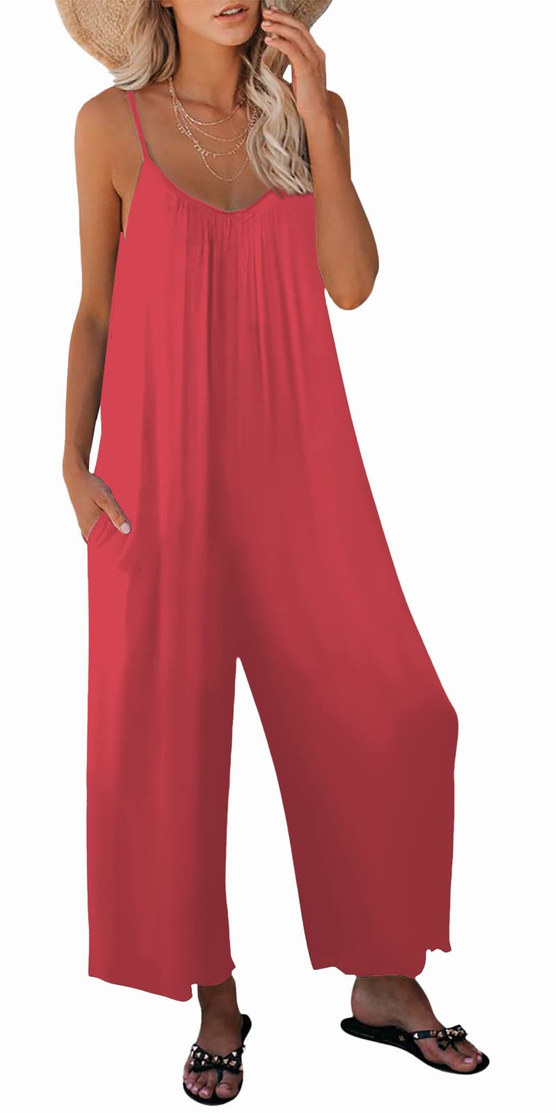 Photo 1 of snugwind Womens Casual Sleeveless Strap Loose Adjustable Jumpsuits Stretchy Long Pants Romper with Pockets Medium 02 Pink
