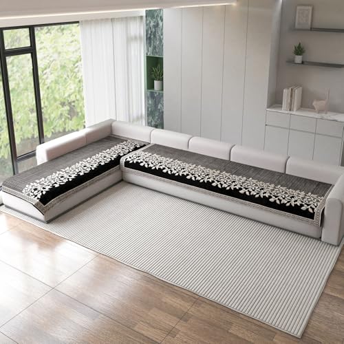 Image of Nendle Superior Velvet Floral Sofa Mat 7 Seater Set Cover Durable Protector for Living Room Sofa Set 4+3, Suitable for L Shape, Sectional and U Shape Sofa (Black, Pack of 2)