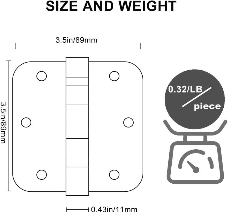 6 Pack 3.5'' Ball Bearing Door Hinges, 3.5in x 3.5in Stainless Steel Door Hinges with 5/8 inch Radius Corner for Exterior & Interior Doors (Brass)