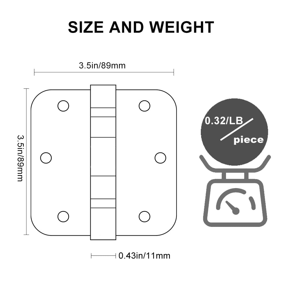 Lot de 6 charnières de porte à roulement à billes de 8,9 x 8,9 cm en acier inoxydable avec angle de 1,6 cm pour portes extérieures et intérieures (noir)