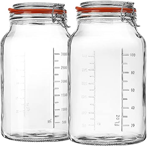 Super Wide-Mouth Glass Jars with Hinged Lids, 1-Gallon (4100 ML) Leak Proof Glass Canning Jars with Airtight Lids and 2 Measurement Marks. Large Capacity, Sturdy For Canning, Overnight Oats, 2-Pack Cover