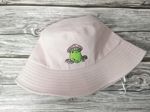 Cottagecore Frog With Mushroom Hat Embroidered Bucket Hat For Women Girl, Dusty Pink Outdoor Summer Travel Beach Sun Hat Embroidery Fisherman Cap #TOP6