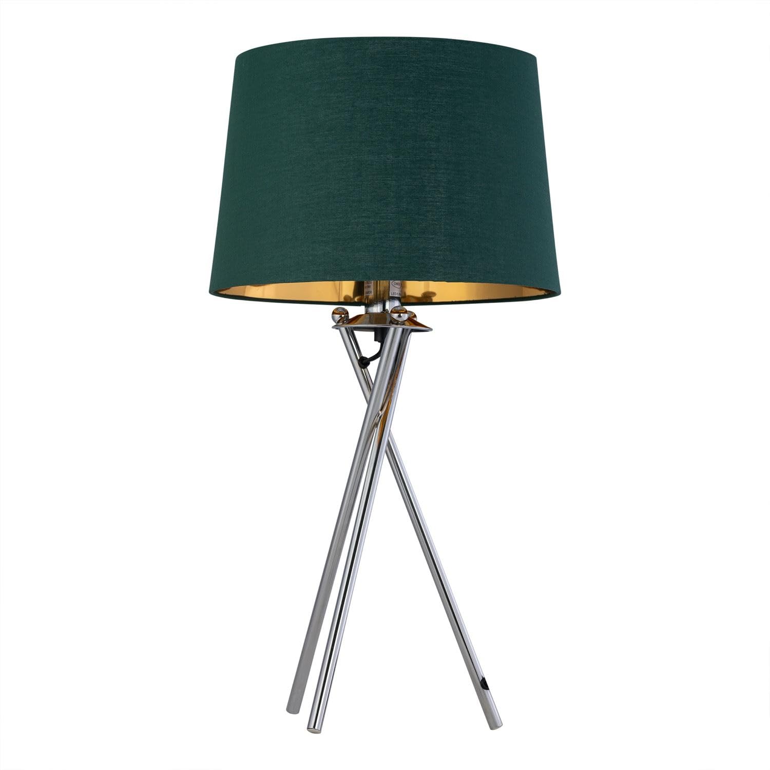Firstchoicelighting Chrome & Green Tripod Table Lamp Or Bedside Light, Chrome With Green & Gold Fabric Shade, Led Compatible, Height 53Cm, Inline Switch