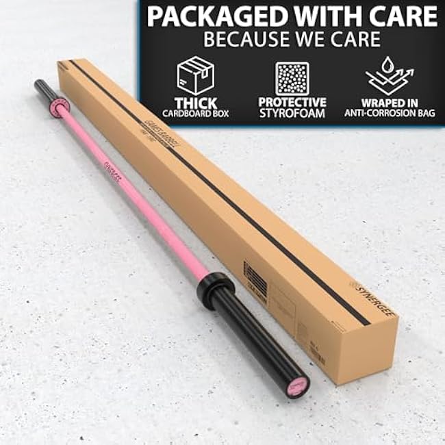 Synergee Games 15kg and 20kg Colored Ceramic Coated Barbells. Rated 1500lbs for Weightlifting and Powerlifting. Black, Red, Grey, Pink