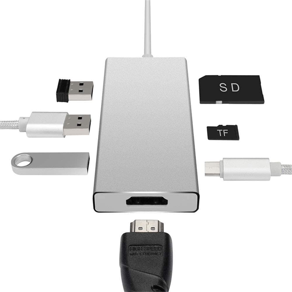 USB C Hub 7-en-1 Multi-Port C-Hub con 4K HDMI 3 Puertos USB 3.0 Compatible con Lector de Tarjetas SD TF Carga PD