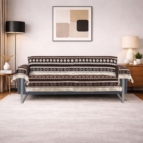 Image of Elegant Woven Brown Sofa Cover Soft Chenille Traditional Pattern with Lace Style | L-Shape Sectional Seat Protector for Living Room | Durable & Stylish Slipcover 3 Seater with Arms