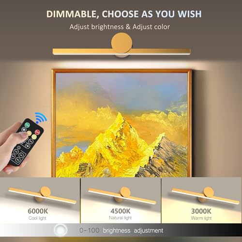 Image of ZitoStory Battery Operated Picture Light for Wall with Remote,Wireless Dimmable Art Lights for Paintings Rechargeable Gallery Light Artwork Lighting for Canvas, Portrait (Gold,15.35'' Inch)