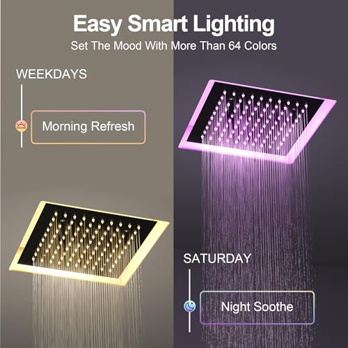 Set de grifería con cabezal de ducha de lluvia doble de 12" con rociador de mano, sistema de ducha con montaje en techo y luz LED, negro mate miniatura 3