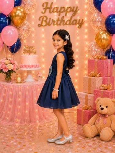 Image of SOFYANA Poly Satin V-Neck A-Line Dress for Your Sweet Baby Girl Kids Frock Navy Blue 1-2 Year