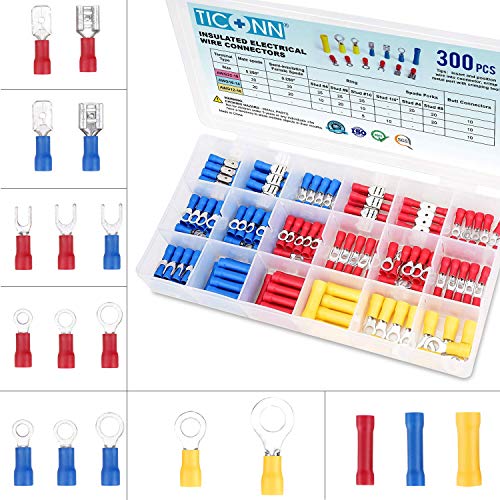TICONN 300 Pcs Electrical Insulated Wire Connectors Kit - Spade, Ring, Butt, Quick Disconnect, Forks Connector - Crimp Cable Terminals