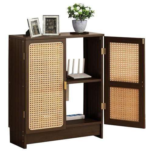 Jueraori WiFi Router Storage Cabinet, Bamboo Router Cabinet with Adjustable Shelves, Multimedia Audio Rack with Doors, 2 Layer Standing Cabinets for Home and Office